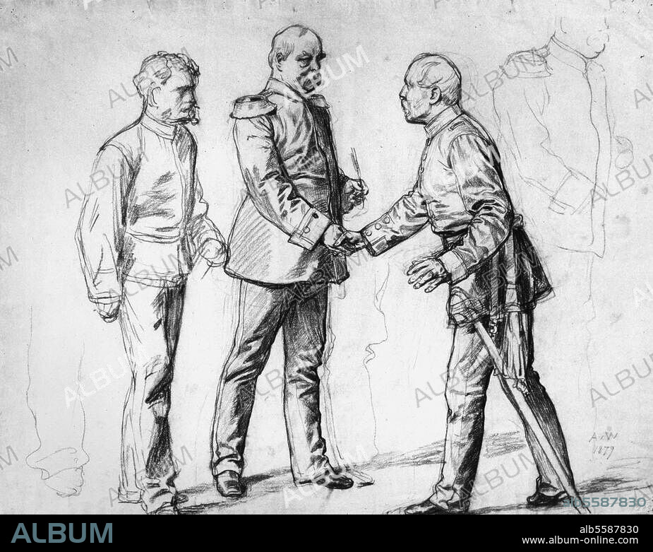 Berlin, 13. Juli 1878. Berliner Frieden. (Abschluß des Berliner Kongresses vom 13. Juni bis 13. Juli 1878). Bismarck beglückwünscht den russischen Bevollmächtigten Graf Schuwalow. Zeichnung von Anton von Werner, 1879. (Vorstudie zu dem Gemälde). Nürnberg, Germanisches Nationalmuseum.