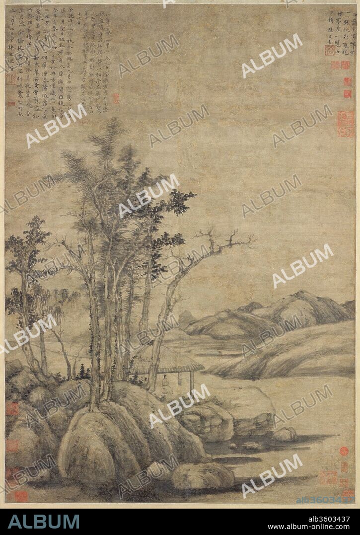 Enjoying the Wilderness in an Autumn Grove. Artist: Ni Zan (Chinese, 1306-1374). Culture: China. Dimensions: Image: 38 5/8 x 27 1/8 in. (98.1 x 68.9 cm)
Overall with mounting: 106 7/8 x 35 7/8 in. (271.5 x 91.1 cm)
Overall with knobs: 106 7/8 x 40 in. (271.5 x 101.6 cm). Date: dated 1339.
Until the early 1340s, Ni Zan lived the life of a wealthy dilettante, spending his time among the precious books, antiques, and flowers of his Pure and Secluded Pavilion. His painting style at the time, as seen here, exhibits a studied archaism in which his interest in descriptive detail is at odds with his self-conscious use of calligraphic "hemp fiber" brushstrokes in the manner of tenth-century masters. Ni's gentleman seated in a rustic pavilion is shorthand for the scholar in his studio. His florid poem exhibits a similarly precious quality of one entirely absorbed in his immediate surroundings. It reads, in part: 
In the bright days, bamboo wave in the breeze;
In the dark nights, parasols of fir hold up the moon.
Burning incense I use [a censer in the form of] a gilded duck;
Gathering scattered petals, I place them inside my pillow. 
(trans. Wen Fong).