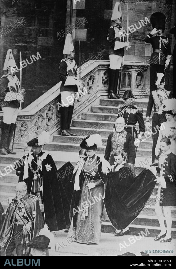 BAIN NEWS SERVICE. King and Queen leaving St. George's Chapel, 1911. Shows the soon-to-be King of England, George V, and his wife Mary of Teck leaving the St. George's Chapel at Windsor Castle after the Prince of Wales (the future Edward VIII) was invested with the Order of the Garter. This event was one of several state functions leading up to George V's coronation on June 22, 1911, at Westminster Abbey.