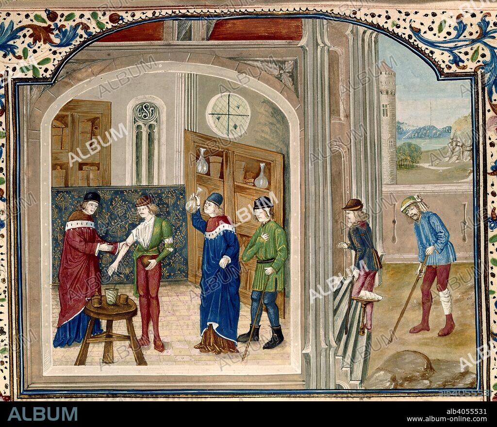 BARTHOLOMAEUS ANGLICUS, JEAN DU RIES and JEAN CORBECHON. Surgeons and patients. Des Proprietez des Choses [Volume I]. S. Netherlands [Bruges]; 1482. [Miniature only] In an interior, a surgeon is bleeding a patient. Another surgeon is examinating a flask, as his patient stands supported by a stick. Outside, two patients are entering the room; both use sticks, one has an amputated foot, and the other bandaged leg  Image taken from Des Proprietez des Choses [Volume I].  Originally published/produced in S. Netherlands [Bruges]; 1482. . Source: Royal 15 E. II, f.165. Language: French.