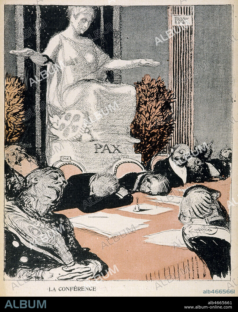 FRANTISEK KUPKA. Conference pour la paix ou tous les conferenciers sont endormis. Illustration publiee dans L'Assiette au Beurre du 20 aout 1904 sur le theme de 'La paix' par F. KUPKA (1871-1954)(ADAGP). Credit : Collection KHARBINE-TAPABOR.