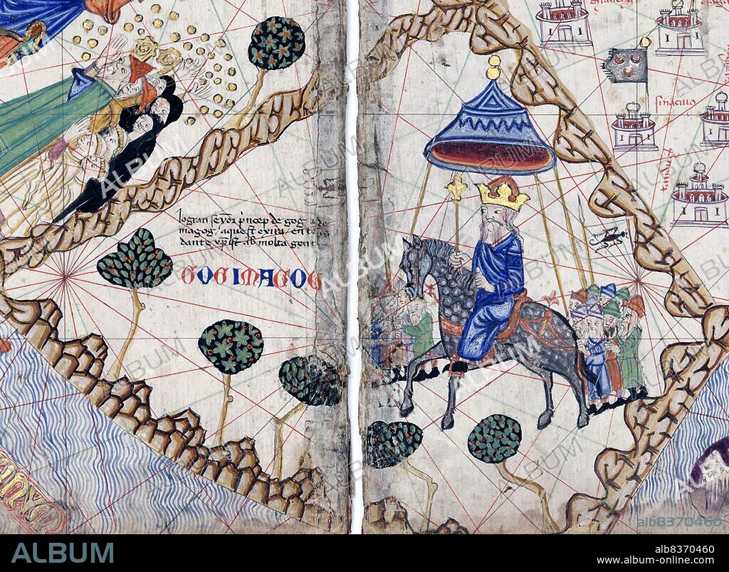 The Catalan Atlas (1375) is the most important Catalan map of the medieval period. It was produced by the Majorcan cartographic school and is attributed to Cresques Abraham, a Jewish book illuminator who was self-described as being a master of the maps of the world as well as compasses. It has been in the royal library of France (now the Bibliotheque nationale de France) since the late 14th century.<br/><br/>. The 1st century Jewish historian Josephus identified the Gog and Magog people as Scythians, horse-riding barbarians from around the Don and the Sea of Azov. Josephus recounts the tradition that Gog and Magog were locked up by Alexander the Great behind iron gates in the 'Caspian Mountains', generally identified with the Caucasus Mountains. In the Catalan Atlas, Cresques Abraham locates Gog and Magog in the far northeast of Asia, somewhere in eastern Siberia.