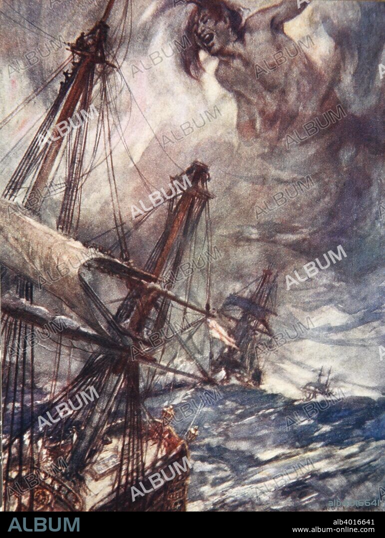 The Song of the Sou'Wester - He played with the fleet as a boy with boats Till out for the Downs we ran. Illustration from 'Drake's Drum and Other Songs of the Sea' by Henry Newbolt (1862-1938) pub. 1905 (colour litho). Drake?s Drum is a snare drum that Sir Francis Drake (c. 1540 - 1596) took with him when he circumnavigated the world. Shortly before his death off Panama he ordered the drum to be taken to Buckland Abbey and vowed that if England were ever in danger and someone was to beat the drum he would return to defend the country. Legend claims it can be heard in times of national crisis.
