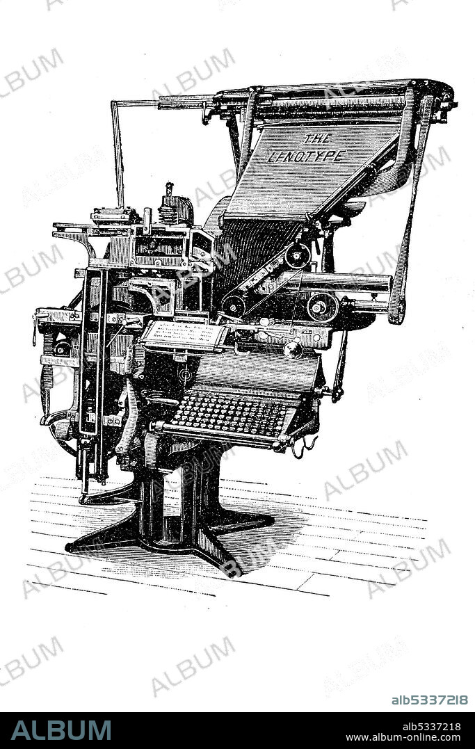 Linotype machine was a line casting machine used in printing sold by the Mergenthaler Linotype Company, Germany / Druckerei, Linotype Setzmaschine der Mergenthaler Setzmaschinenfabrik, Deutschland, Historisch, historical, digital improved reproduction of an original from the 19th century / digitale Reproduktion einer Originalvorlage aus dem 19. Jahrhundert.