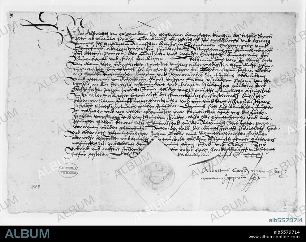 Albrecht von Brandenburg, Erzbischof, Kurfürst von Mainz. 28.6.1490 - Mainz 24.9.1545. Quittung über 875 Gulden und 16 Batzen (Montag nach Palmarium 1531), mit eigenhändiger Unterschrift von Albrecht von Brandenburg. Handschrift.