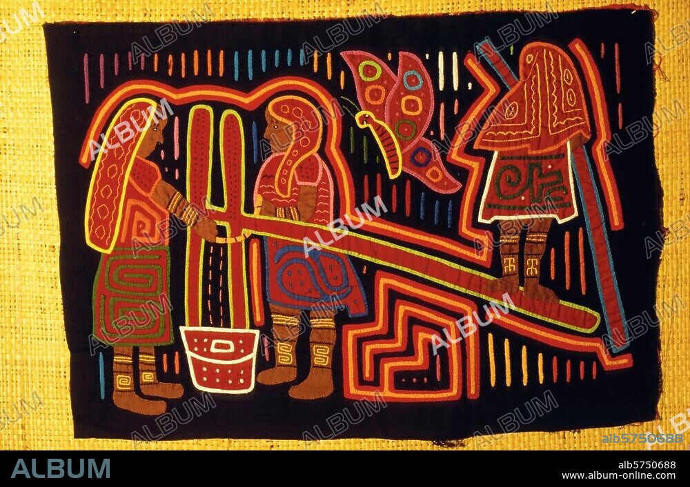 Ethnologie : indiens Kuna, "Kuna Yala" (pays Kuna), San Blas, Panama, 2e moitié du 20e siècle. Mola (corsage portant des motifs sur l'avant et l'arrière, réalisés à partir de tissus de couleurs différentes) : fabrication de jus de canne à sucre. (D'une série de Molakana avec représentations de la vie des Kuna). Coll. privée.