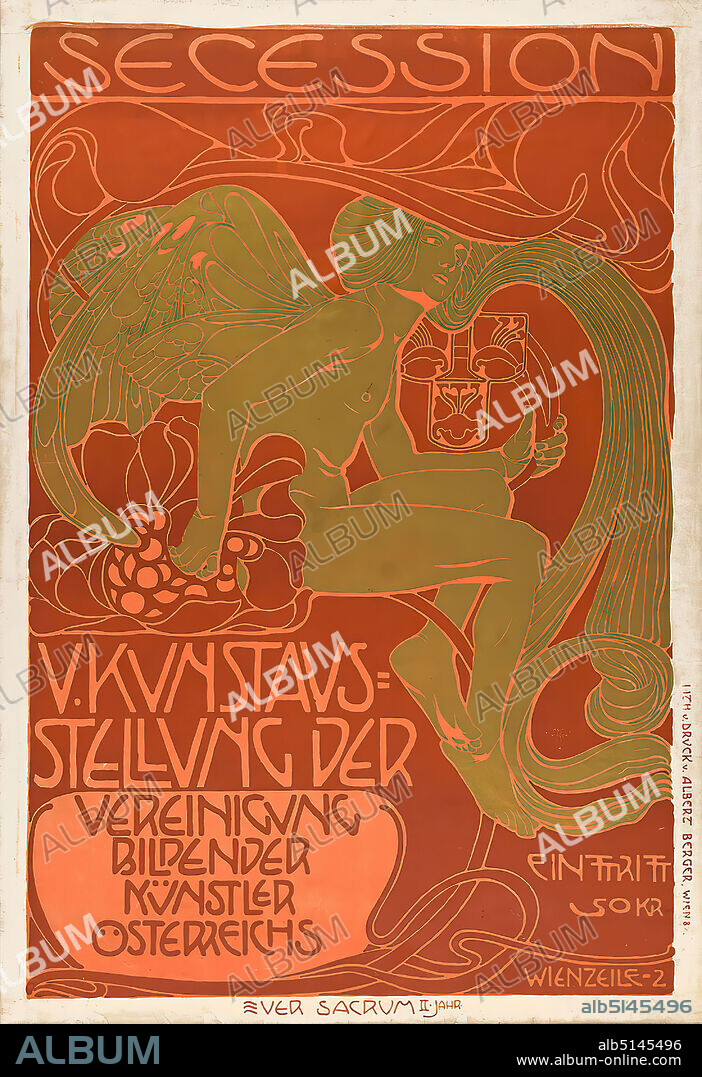 Ver Sacrum, Koloman Moser, Lithographische Anstalt Albert Berger, Secession V. Art exhibition of the Vereinigung bildender Künstler Österreichs, lithography, total: height: 100,20 cm; width: 69,00 cm, signed: u. r. in print: KOLO MOSER, exhibition posters, Genii, Jugendstil.
