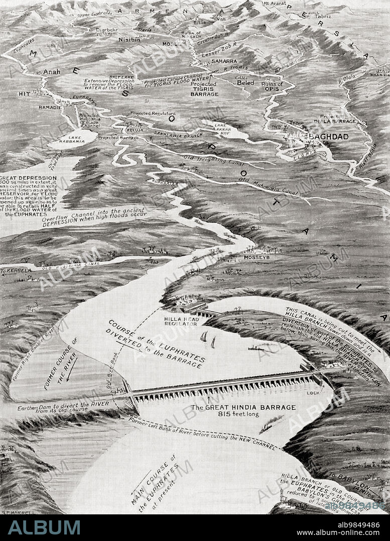 Bird's-eye view of Mesopotamia showing William Willcock's proposed scheme of irrigation. In addition to the construction of the Hindia Barrage, it includes the suggestion of drawing the flood water of the Euphrates and the Tigris into two depressions which would act as natural reservoirs and prevent flooding. From Hutchinson's History of the Nations, published 1915.