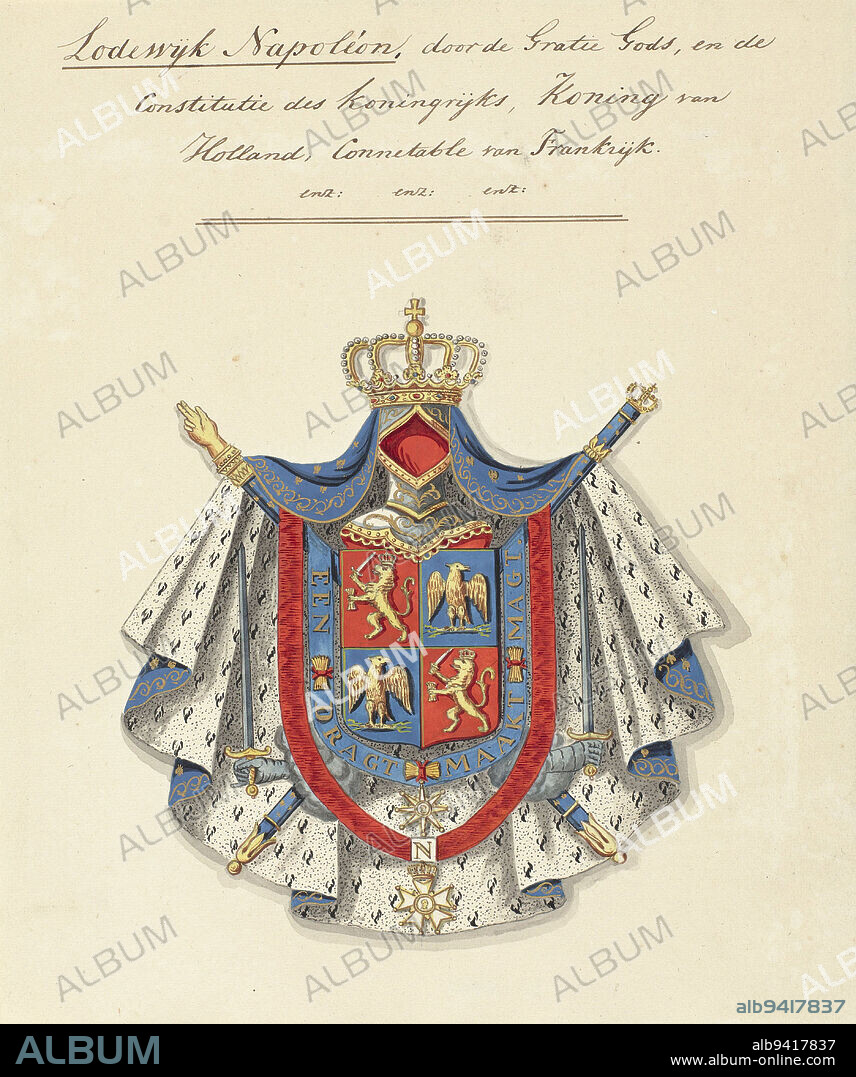 Coat of arms of Louis Napoleon Bonaparte, King of Holland, anonymous, 1807, draughtsman: anonymous, 1807, paper, brush, h 213 mm × w 176 mm.
