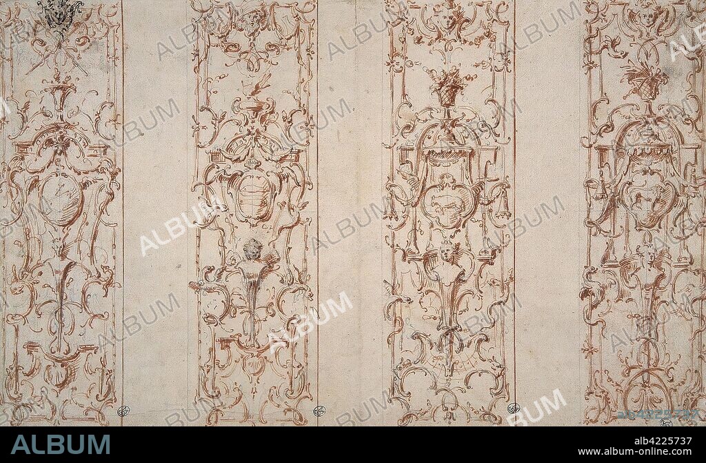 NICOLAS PINEAU. 'Four Sketches of Carved Decoration of the Cabinet, with the Signs of the Zodiac'. Russia, 1718-1719s. Dimensions: 29,5x48,5 cm.