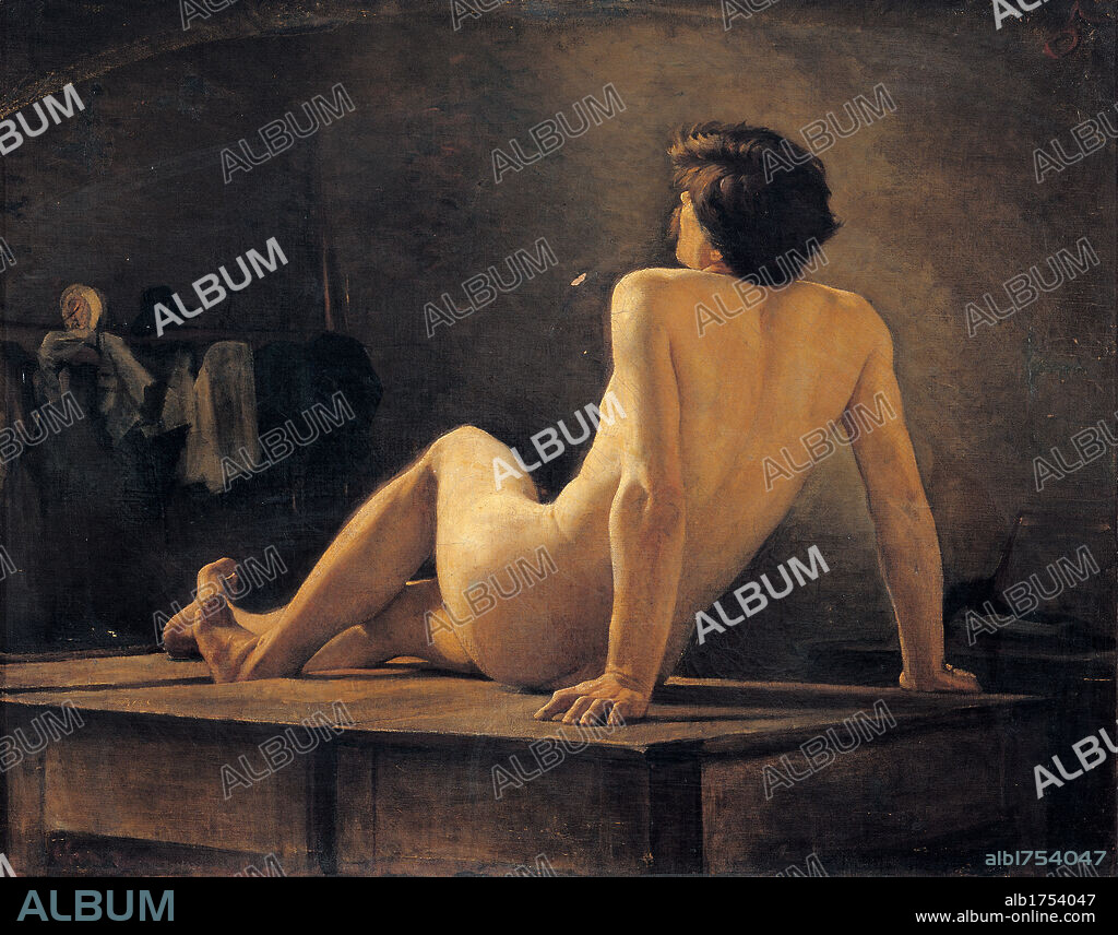 Male Nude, by Cosola Demetrio, 1875-1885, 19th Century, oil on canvas. Private collection. All. Male nude young man view back table pose.