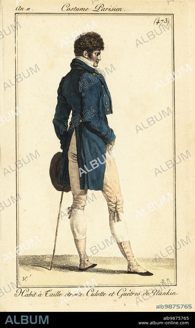 French dandy in tailcoat with narrow waist, breeches and gaiters in nankeen, Paris, 1803. Habit à Taille étroite. Culotte et Guêtres de Nankin. Handcoloured copperplate engraving by Pierre-Charles Baquoy after Carle Vernet from Pierre de la Mesangeres Journal des Dames et des Modes, Magazine of Women and Fashion, Paris, An 11, 1803.