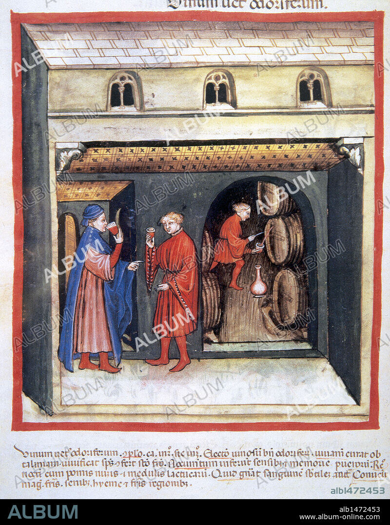 Tacuinum Sanitatis. 14th century. Medieval handbook of health. Wine cellar. Two men drinking wine while another man is extracting wine from a barrel. Folio 86v.