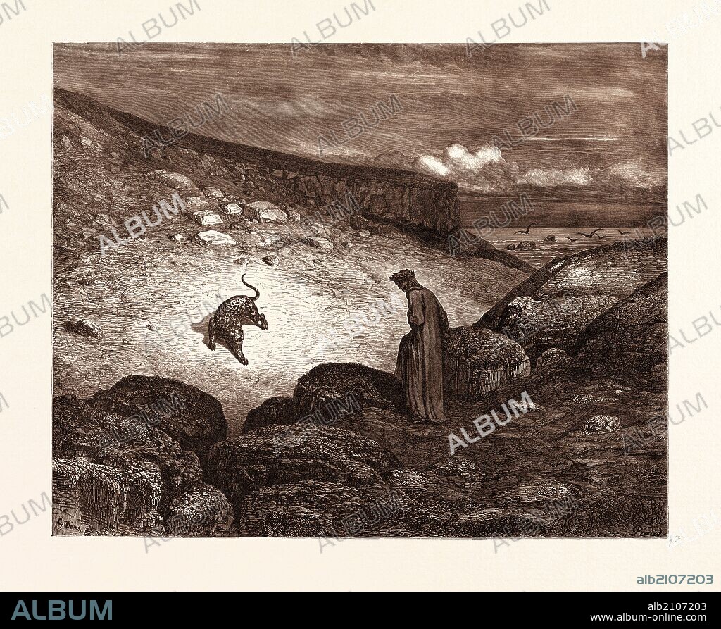 THE PANTHER IN THE DESERT, BY GUSTAVE DORE, a scene from the Inferno by Dante. Dore, 1832 - 1883, French. 1870, Art, Artist, romanticism, colour, color engraving.