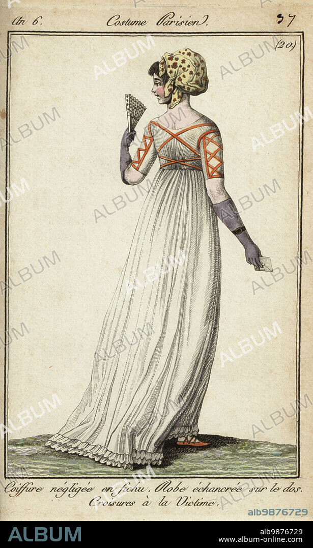 Woman in victim-style criss-cross ribbon dress, 1798. She holds a fan and a letter. Her casual hairstyle is tied in a kerchief. The dress open-pointed in the back, with victim-style crossed ribbons on the back and short sleeves. Coiffure négligée en fichu. Robe échancrée sur le dos, Croisures à la Victime. Handcoloured copperplate engraving from Pierre de la Mesangeres Journal des Modes et Dames, Paris, 1798. The illustrations in volume 1 were by Carle Vernet, Claude Louis Desrais and Philibert Louis Debucourt.