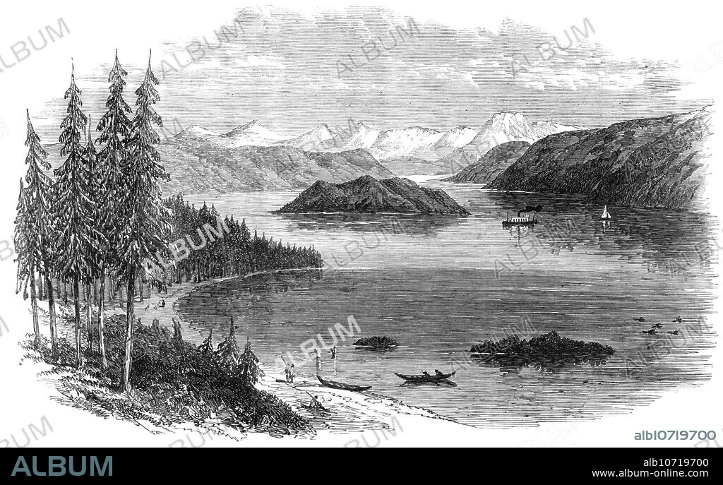 Sketches in British Columbia: Harrison Lake, with the Cascade Mountains in the distance, 1864. 'The View of Harrison Lake is taken from a small bay looking down that lake, about fifteen miles from Douglas. In the centre is an island eight miles in length, known as Long Island. In the distance are a portion of the Cascade Mountains and Mount Baker, an active volcano, situated in Washington Territory, which belongs to the United States. Both the shores of the lake and the islands are covered with rocks, amidst which is some stunted pine timber'. From "Illustrated London News", 1864.