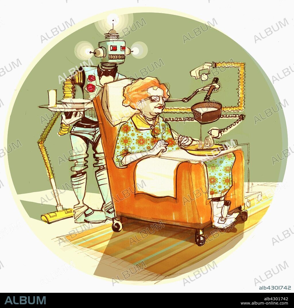 Robot serving old woman soup.