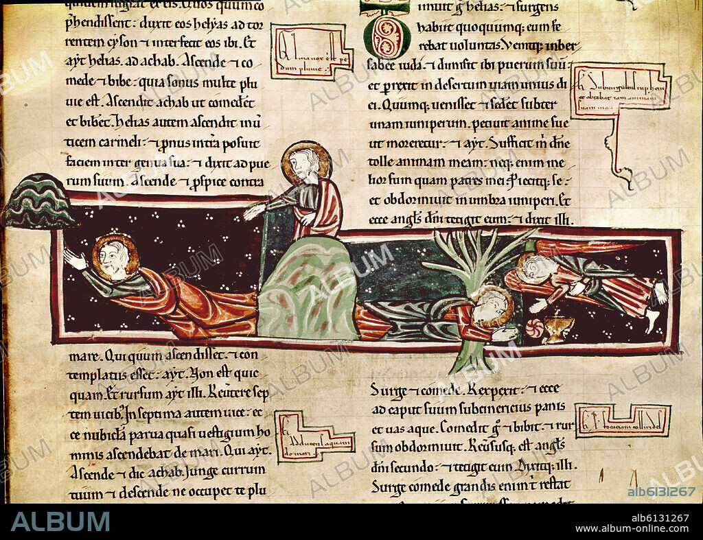 13th century Bible. Tome I. Elias fed by an angel in the desert. Gothic manuscript. Madrid, Academy of history.