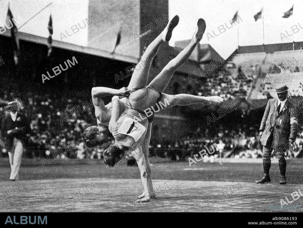 Stockholm 1912 Olympic Games. A demonstration of glima wrestling. Glima wrestling is still practiced in Scandinavia today and it is believed that it is almost unchanged from the Viking era. The Olympic Games page 75.