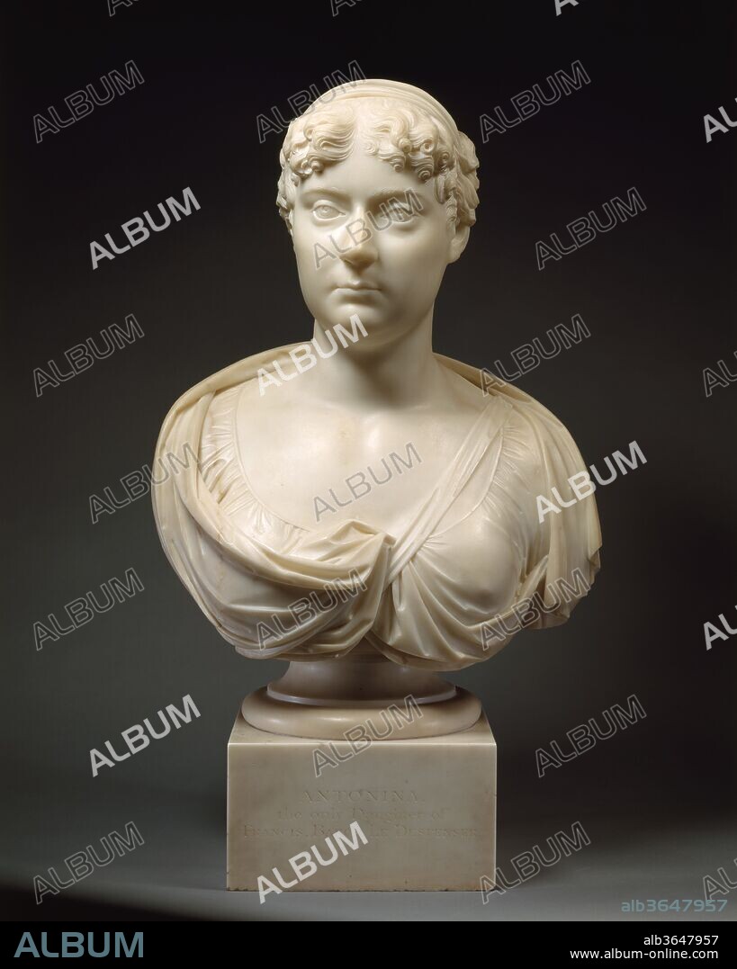 Rachel Fanny Antonina Le Despencer. Artist: John Bacon the Younger (British, 1777-1859). Culture: British. Dimensions: Overall (with base): 28 × 15 × 11 7/8 in. (71.1 × 38.1 × 30.2 cm). Date: ca. 1820.
Antonina apparently spent much of her adult life in an unsuccessful pursuit of the title Baroness Le Despencer. Thus, the inscription on the base was undoubtedly intended to legitimize her claim. Her nom de plume Philopatria, which she adopted for her acclaimed "Essay on Government" of 1808 (she was also the author of anticlerical tracts), appears on the back. The bust was exhibited at Royal Academy in 1820.