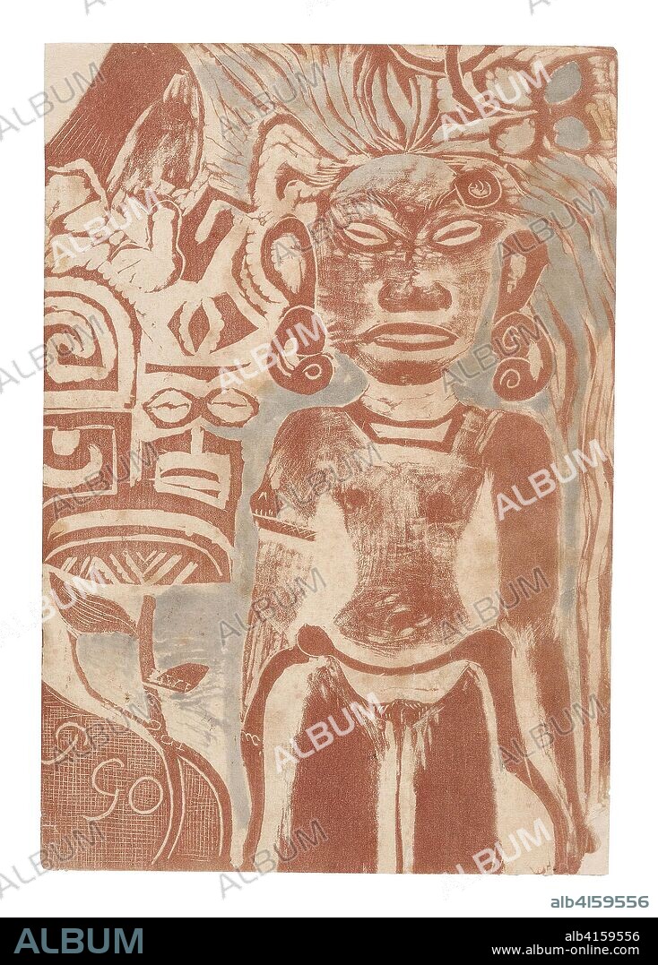 Tahitian Idol--the Goddess Hina. Paul Gauguin; French, 1848-1903. Date: 1894-1895. Dimensions: 142 × 99 mm (image/primary/secondary support). Wood-block print in reddish-brown ink with blue-gray watercolor on ivory wove paper, laid down on ivory wove paper. Origin: France.
