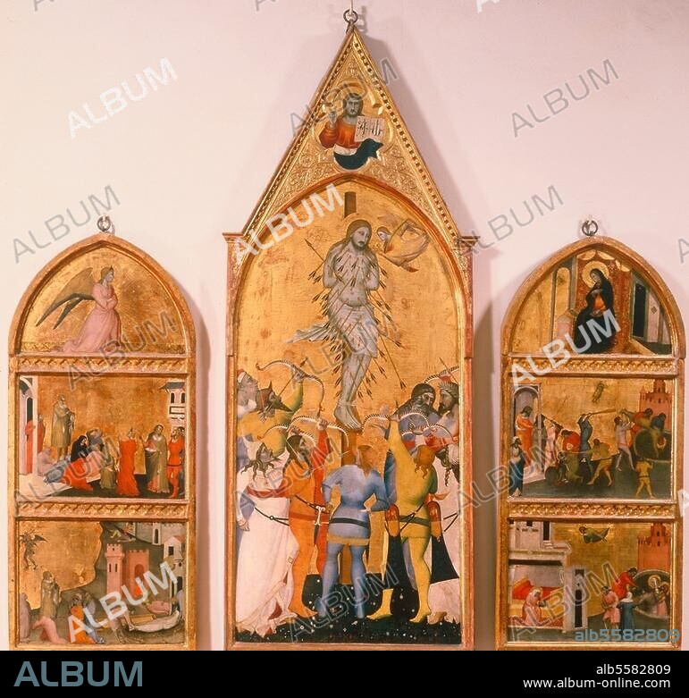 Giovanni del Biondo connu entre 1356 et 1392. "Martyre de saint Sébastien et des scènes de sa vie". Triptyque. Sur bois. Florence, Museo dell'Opera del Duomo.