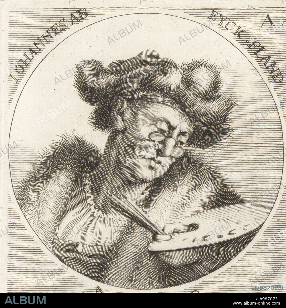 Jan van Eyck, Flemish painter active in Bruges, c.1390-1441. who was one of the early innovators of what became known as Early Netherlandish painting, and one of the most significant representatives of Early Northern Renaissance art. Johannes ab Eyck Fland. Copperplate engraving by Philipp Kilian after an illustration by Joachim von Sandrart from his LAcademia Todesca, della Architectura, Scultura & Pittura, oder Teutsche Academie, der Edlen Bau- Bild- und Mahlerey-Kunste, German Academy of Architecture, Sculpture and Painting, Jacob von Sandrart, Nuremberg, 1675.