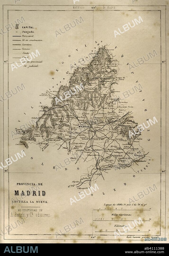Spain. Map of the province of Madrid. Cronica General de Espa–a, Historia Ilustrada y Descriptiva de sus Provincias. Castilla-La Nueva, 1869.