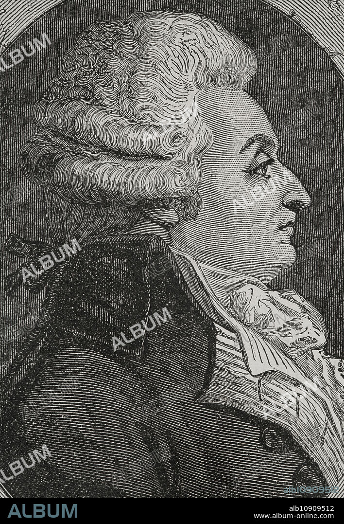 Marie-Jean Hérault de Séchelles (1759-1794). Juez y político francés que tomó parte en la Revolución francesa. Presidente de la Convención Nacional (8 al 22 de agosto de 1793). Retrato. Dibujo por Liénard. Grabado por Pannemaker. "Historia de la Revolución Francesa". Tomo I, 1876.