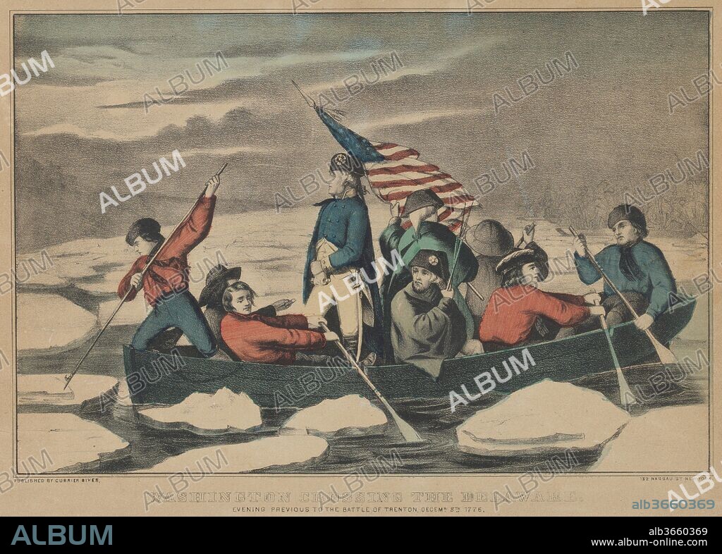 Washington Crossing the Delaware - Evening Previous to the Battle of Trenton, December 5th, 1776. Dimensions: Image: 8 3/16 × 12 1/2 in. (20.8 × 31.7 cm)
Sheet: 10 1/16 × 14 3/16 in. (25.5 × 36 cm). Publisher: Currier & Ives (American, active New York, 1857-1907). Sitter: George Washington (American, 1732-1799). Date: 1857-71.
Scene from the American Revolution. George Washington stands in boat crossing the icy river. Eight soldiers accompany Washington in the boat, some rowing, one pushing ice out of the way, one holding the American flag aloft.