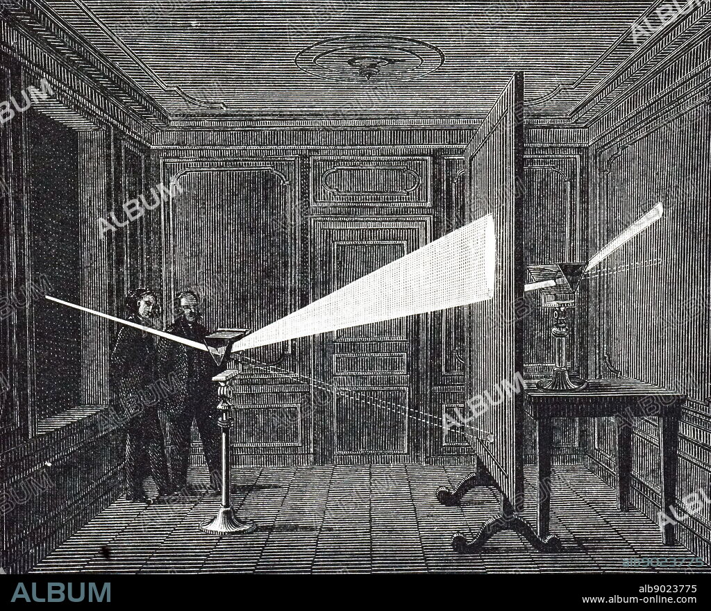 An engraving depicting the projecting of a beam of sunlight (white light) passing through a hole in the blind of a darkened room through a triangular prism and throwing the spectrum on to a screen. Dated 19th century.