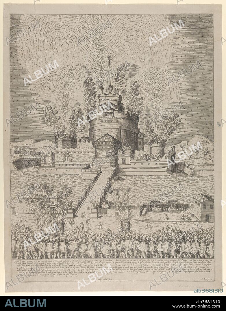 The firework display called 'Girandola' at the Castello Sant'Angelo in Rome, a nocturnal scene with fireworks issuing from the castle and a crowd of spectators in the foreground. Artist: Giovanni Ambrogio Brambilla (Italian, active Rome, 1575-99). Dimensions: sheet: 21 x 15 15/16 in. (53.3 x 40.5 cm)
plate: 19 9/16 x 14 7/8 in. (49.7 x 37.8 cm). Publisher: Claudio Duchetti (Italian, active Venice and Rome, ca. 1565-died ca. 1585). Date: 1579.