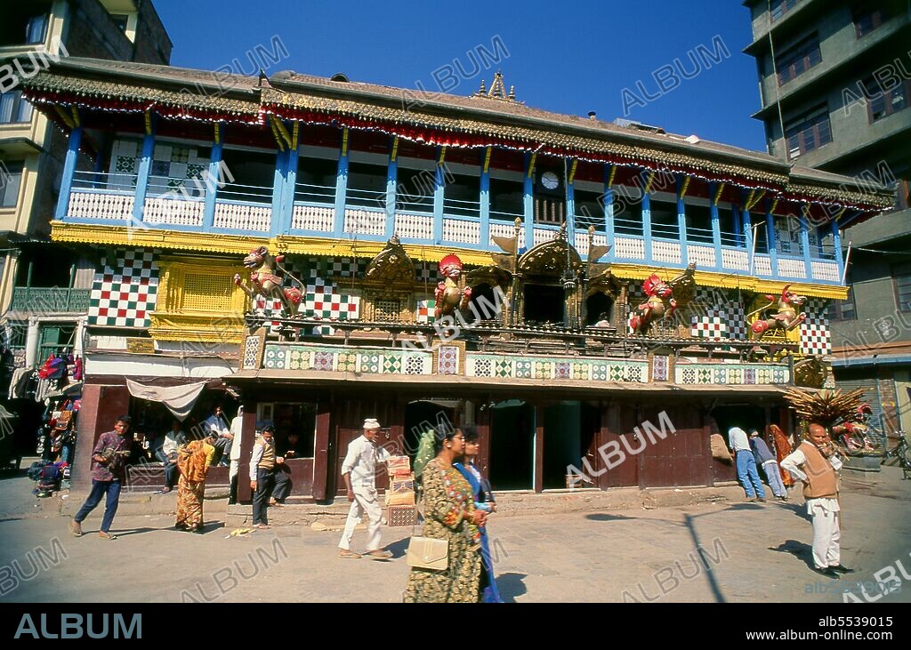 At Indra Chowk, or the 'Courtyard of Indra', a two-storey temple dedicated to one of the 64 forms of the Bhairav, Akash Bhairav (Bhairav of the Air), looks out over the intersection of several lanes. Housing a silver statue of Akash Bhairav, the temple is partly covered with sheets of brass, and two brass lions stand guard at the door. During the festival of Indra Jatra, a large mask of Akash Bhairav is displayed on a shrine assembled in front of the temple. Akash Bhairav is considered a manifestation of Indra, the rain god.