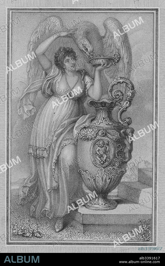 Full length standing portrait of Anna Maria Russell, Duchess of Bedford, who served as the Lady of the Bedchamber for Queen Victoria, feeding a large birdlike creature and ornate vase, 1805. From the New York Public Library.