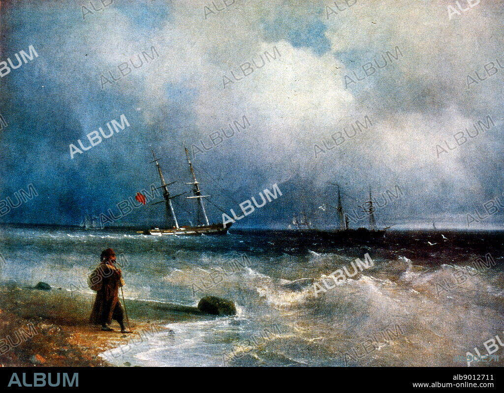 Coastal scene 1840, by Ivan Konstantinovich Aivazovsky (1817 -1900) Russian Romantic painter who is considered one of the greatest masters of marine art. Baptized as Hovhannes Aivazian, he was born into an Armenian family in the Black Sea port of Feodosia in Crimea and was mostly based there.