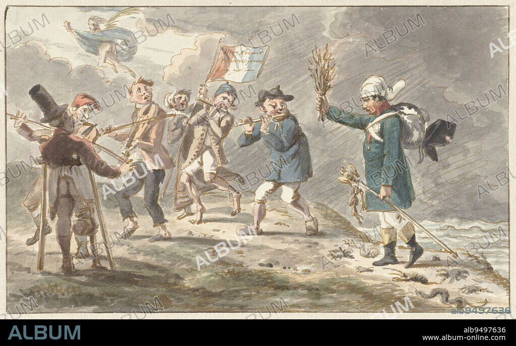 Cartoon on the retreat of Napoleon I Bonaparte from Russia, Jacob Smies, 1812 - 1814, On the right Napoleon with head bowed and stocking his head; on the left a group of poor musicians holding a French banner on which is: Hier Koomt / Pauwel Jonas. Top left the fleeing Fame., draughtsman: Jacob Smies, 1812 - 1814, paper, pen, brush, h 115 mm × w 189 mm.