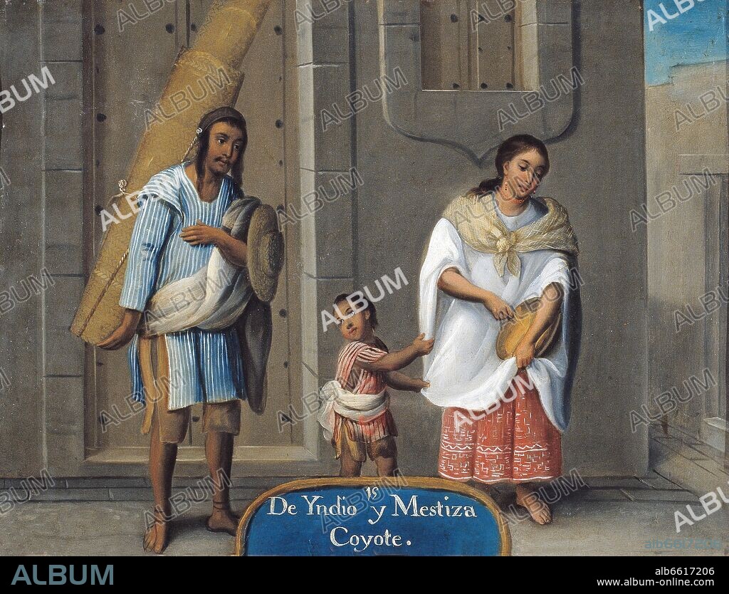 ANÓNIMO. DE INDIO Y MESTIZA, COYOTE - 1775-1800 - OLEO/COBRE - 36x48 cm.