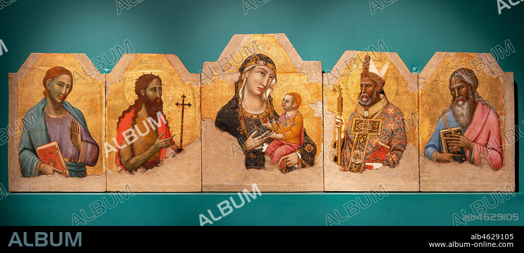 Perugia, National Gallery of Umbria: five panel painting by Meo da Siena, second quarter of the fourteenth century. In the centre, Madonna and Child. On the left: St. John the Baptist and St. John the Evangelist. On the right S. Herculanus and S. Andrew (?). Tempera and gold background on board.