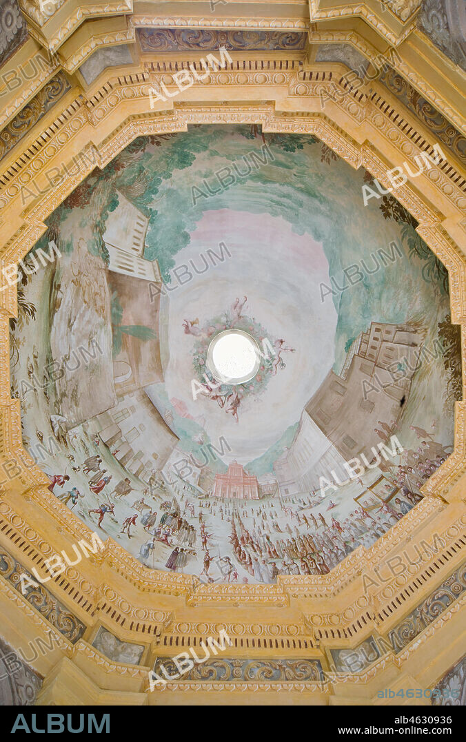Savona, Località Santuario, Santuario di Nostra Signora Madonna della Misericordia, the Chapel of Crocetta: the vault with a bird-eye perspective of the Sanctuary. Frescoes by Bartolomeo Guidobono ed Enrico Haffner, 1679 - 1680.