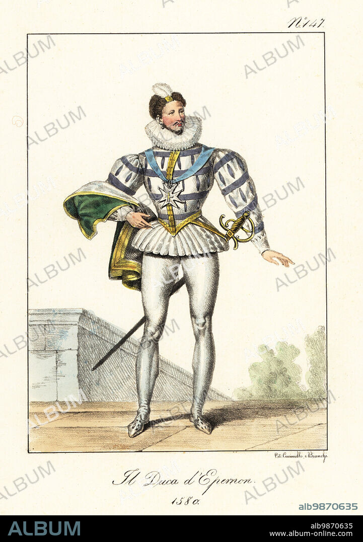 Jean Louis de Nogaret de La Valette, Duke of Epernon, 15541642. Member of King Henry III's most intimate circle of favourites, Les Mignons. Le Duc d'Epernon, 1580. Handcoloured lithograph by Lorenzo Bianchi and Domenico Cuciniello after Hippolyte Lecomte from Costumi civili e militari della monarchia francese dal 1200 al 1820, Naples, 1825. Italian edition of Lecomtes Civilian and military costumes of the French monarchy from 1200 to 1820.