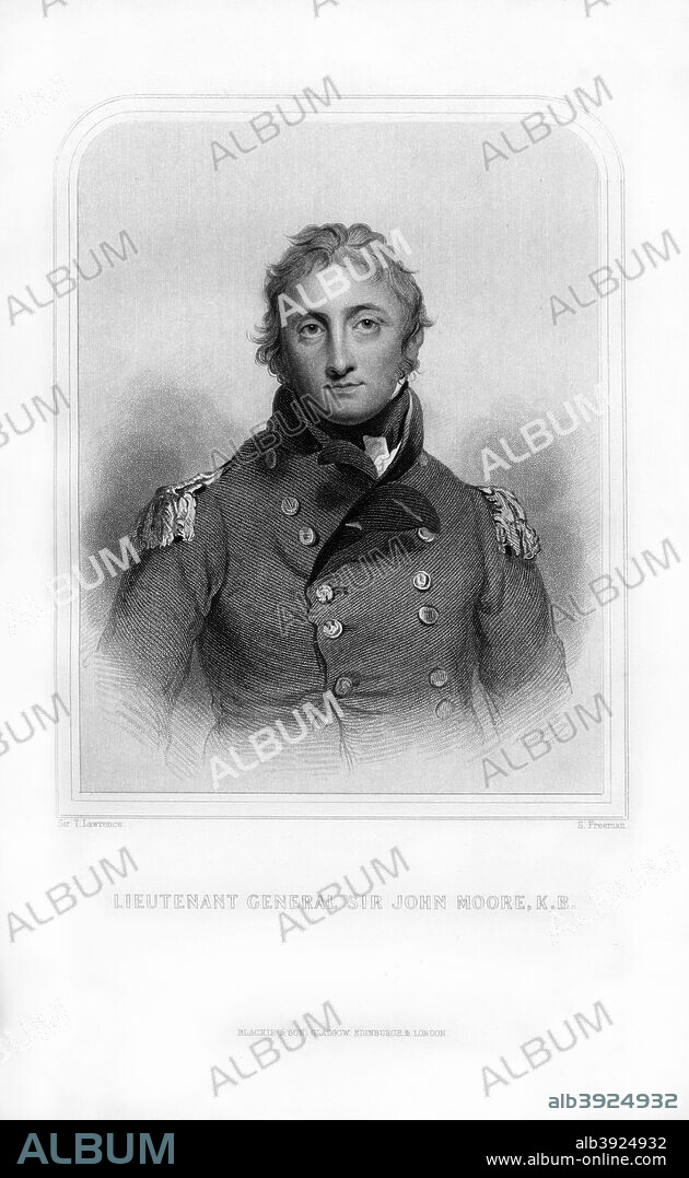 Sir John Moore, British soldier and general, (1870). Moore (1761-1809) commanded the British forces at the Battle of Corunna (La Coruna), Peninsular War, Spain 16 January 1809. Retreating from a much larger French army commanded by Marshal Soult, the British were able to hold the French off long enough to be evacuated by sea. Moore was mortally wounded in the battle. He was the subject of Charles Wolfe's poem The Burial of Sir John Moore, published in 1817. An engraving from Robert Chambers' A Biographical Dictionary of Eminent Scotsmen, Blackie and Son, (Glasgow, Edinburgh, and London, 1870).