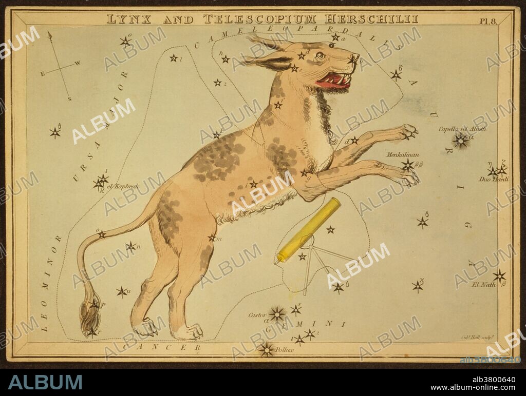 Astronomical chart showing a lynx and a telescope forming the constellations. Lynx is a constellation in the northern sky. It is named after the lynx, a genus of cat. It is a very faint constellation; its brightest stars form a zigzag line. It was designated by Johannes Hevelius in 1687. Telescopium Herschelii (Herschel's telescope) was a constellation created by Maximilian Hell in 1789 to honor William Herschel's discovery of the planet Uranus. It was located in the constellation Auriga near the border to Lynx and Gemini. It is no longer in use. Urania's Mirror is a boxed set of 32 constellation cards first published by Samuel Leigh of the Strand, London, in or shortly before 1825. An unidentified lady, referred to by her nom-de-plume, Jehoshaphat Aspin, designed these whimsical astronomy cards. The engraver was Sidney Hall.