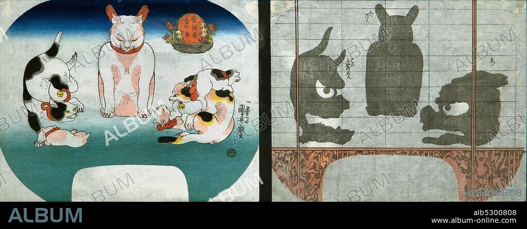 Utagawa Kuniyoshi 1798-1861. Cats: Chinese Temple Lion. Owl and Noh Mask of Demon (Shishi. mimizuku. hannyaa-men) Series Coupled Mirrors of Picture (Ekyodai awase kagami). about 1842. couple of  Aibam (uchiwae). 28.3 x 22.3.