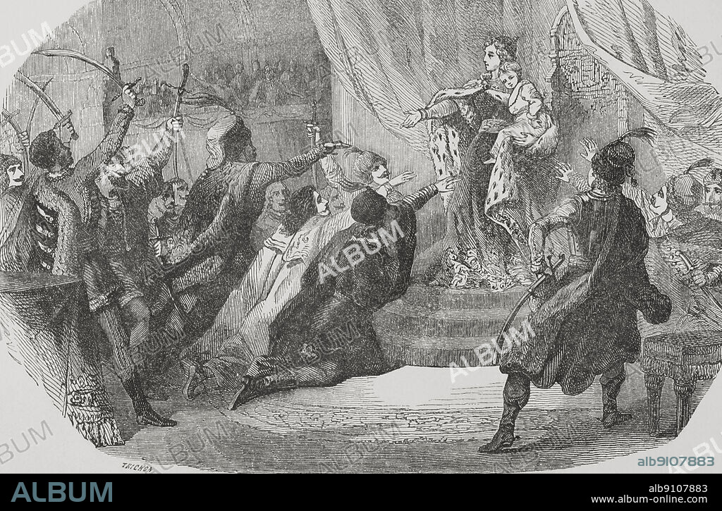 AUGUSTE TRICHON (1814-1898). FRENCH ENGRAVER.. Guerra de Sucesión Austriaca (1740-1748). María Teresa I de Austria (1717-1780) pide apoyo al parlamento húngaro con su hijo (José II) en brazos. Grabado por Trichon. "Los Héroes y las Grandezas de la Tierra" Tomo VI. 1856.