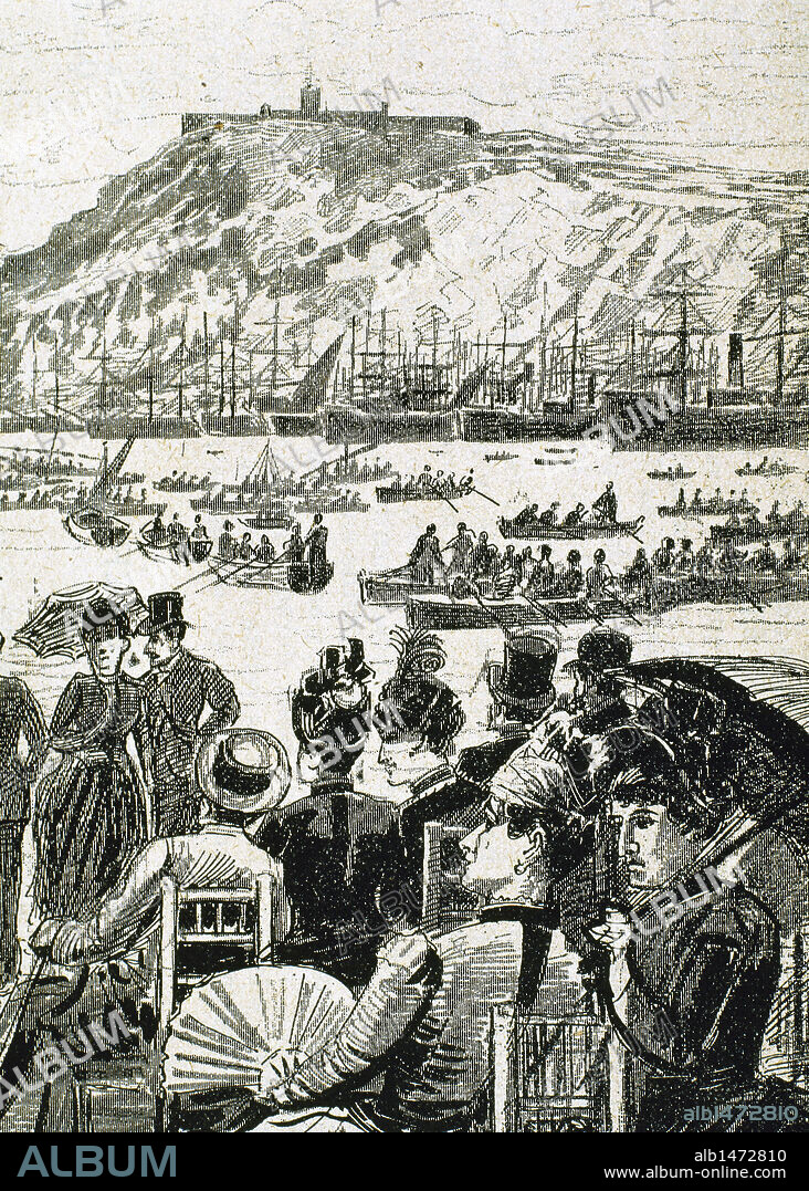 Spain. Catalonia. Barcelona. Audience at the sea spectacle held during the town's festival. Asarta drawing on "The Iberian Illustration." 1888. Engraving.