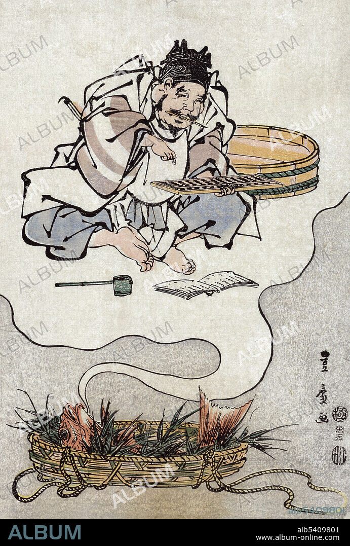 Tai no yume Ebisu no soroban. Red snapper in a basket dreaming that Ebisu is using an abacus. Ebisu is the Japanese god of fishermen and luck. He is one of the Seven Gods of Fortune, and the only one of the seven to originate purely from Japan without any Hindu influence. Toyohiro Utagawa, 1805 (cropped and cleaned).