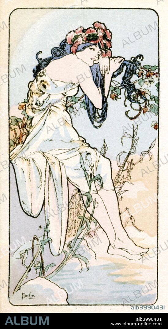 'Summer', 1900. A woman with long black hair in a white dress, her body turned to the right.