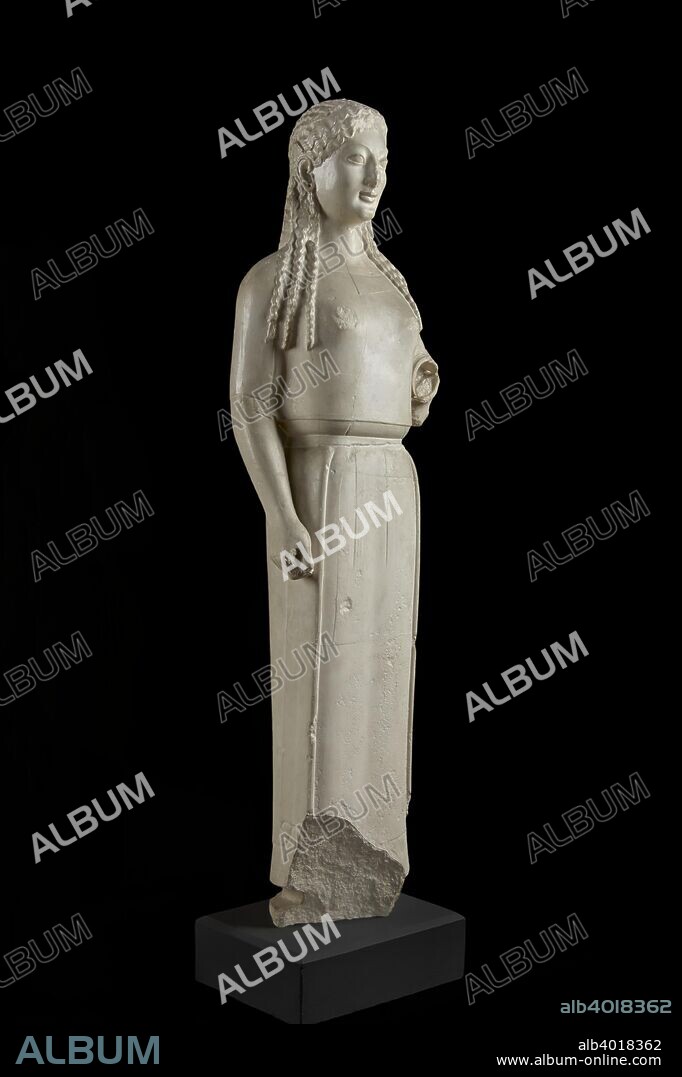 ?Peplos? Kore, from Athenian Acropolis, 540-520 BC. Small statue of kore type. She has long hair falling in symmetrical tresses on either side of the head and down the back, held by fillet, and crowned by stephane. She wears a chiton, a long garment held by a belt, a long jacket, and a short mantle.  Dimensions: height: 118 cm.