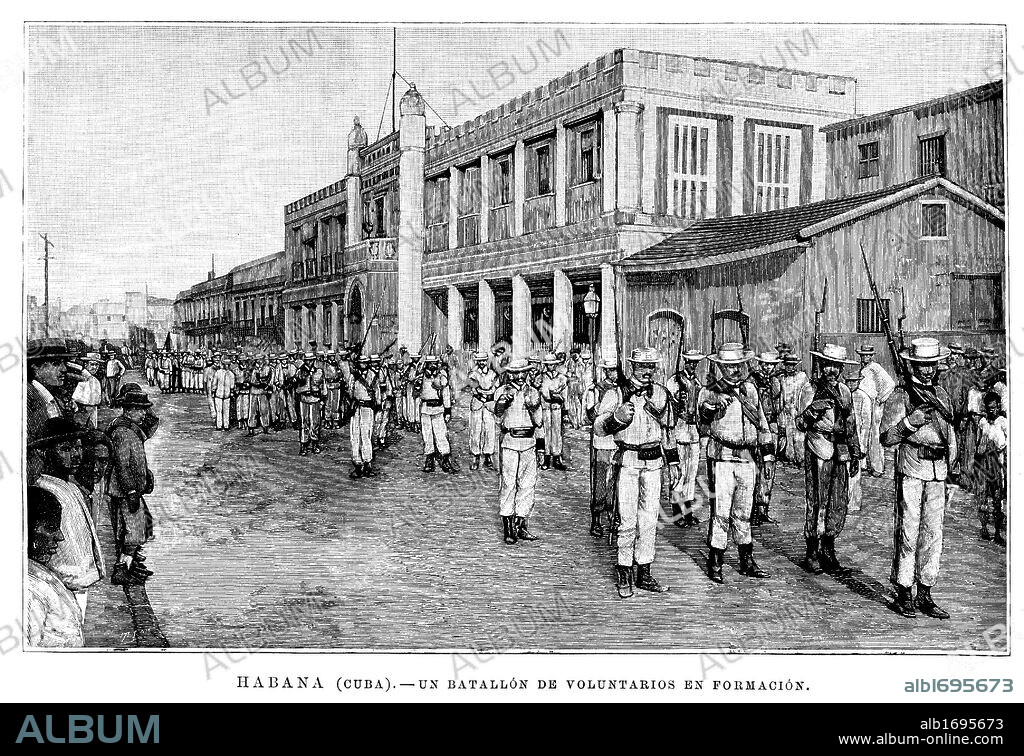 La Habana, Cuba. Un batallón de voluntarios en formación durante la Guerra de Cuba. Grabado de 1896.