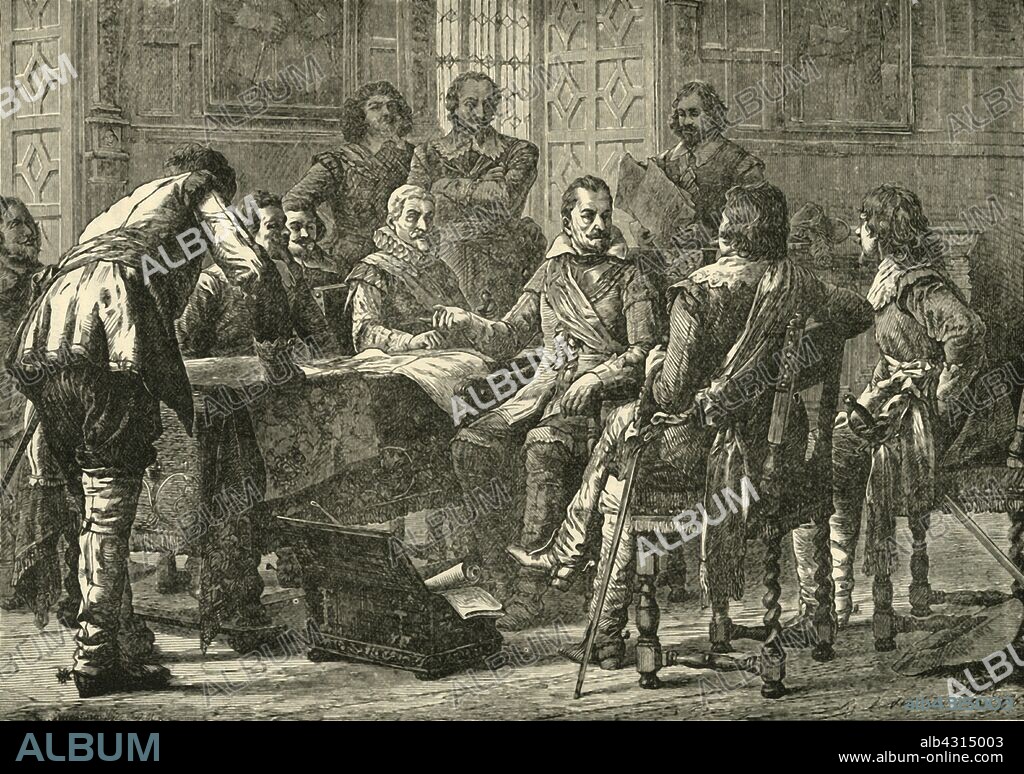 'Wallenstein and Tilly Holding a Council of War, 1626', (1890). Albrecht von Wallenstein (1583-1634) Bohemian military leader and nobleman whose career made him influential in the Holy Roman Empire discussing war plans with Johann Tserclaes, Count of Tilly, field marshal of Catholic League's forces in the Thirty Years' War.  From "Cassell's Illustrated Universal History, Vol. IV - Modern History", by Edmund Ollier. [Cassell and Company, Limited, London, Paris and Melbourne, 1890].